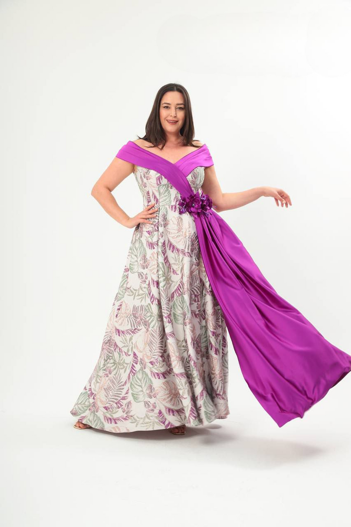 Off Shoulder Fuscia & Jacquard Maxi Dress with Floral Prints