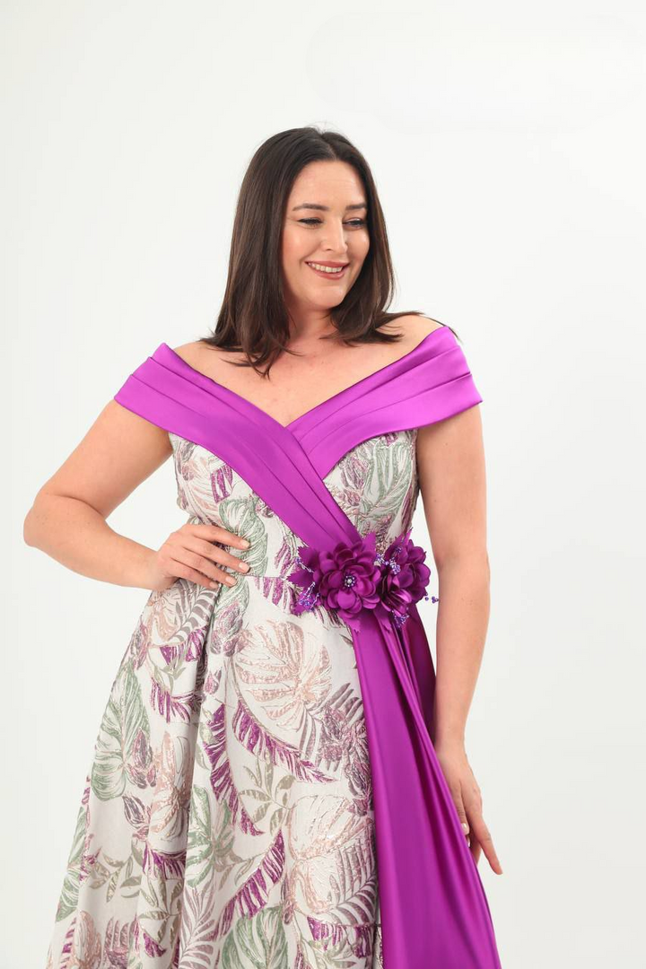 Off Shoulder Fuscia & Jacquard Maxi Dress with Floral Prints