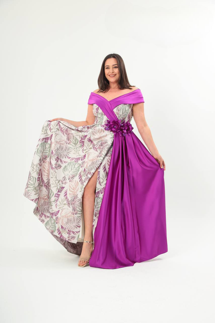 Off Shoulder Fuscia & Jacquard Maxi Dress with Floral Prints