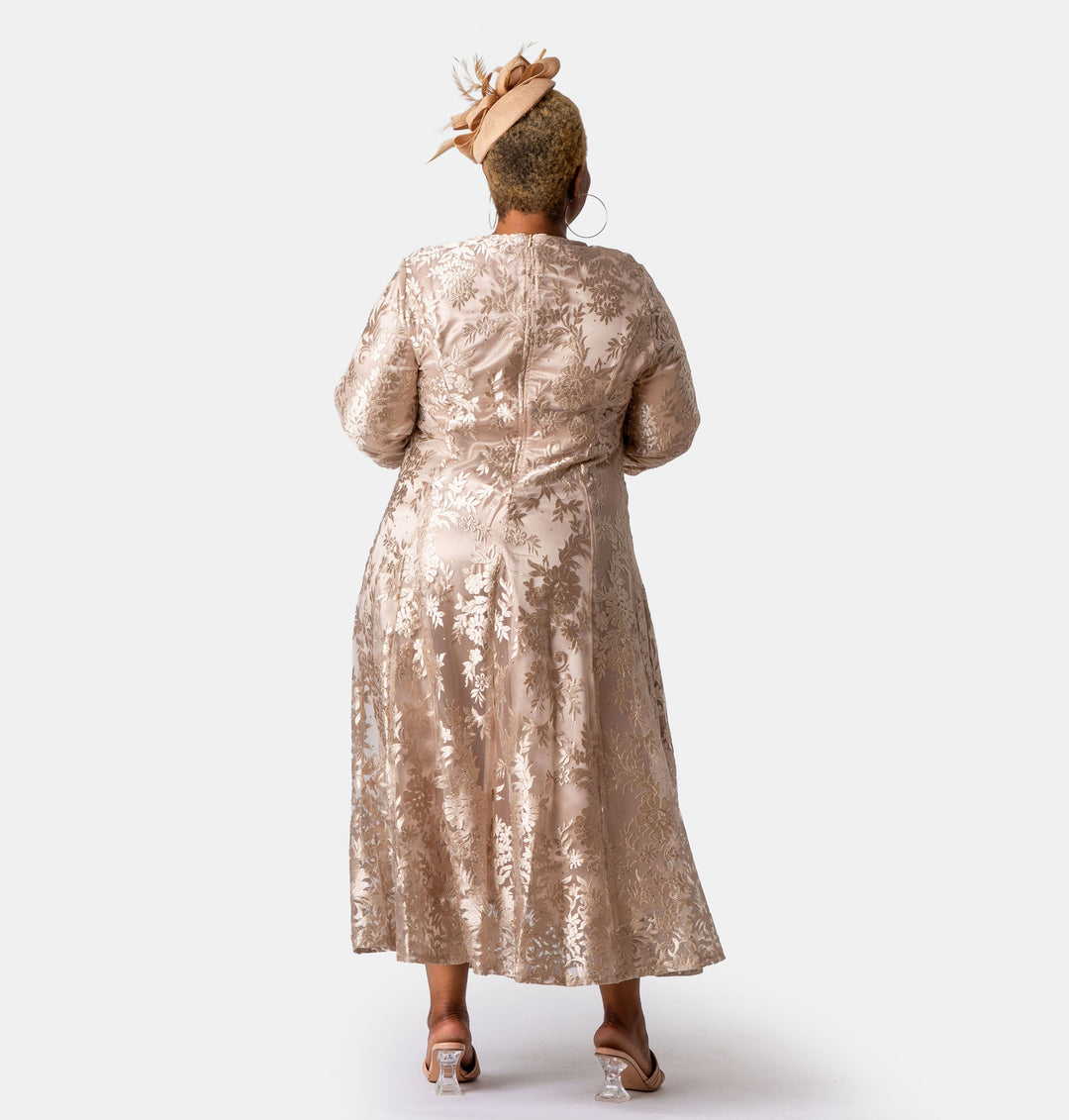 Flared Champagne Lace Ankle Length Dress