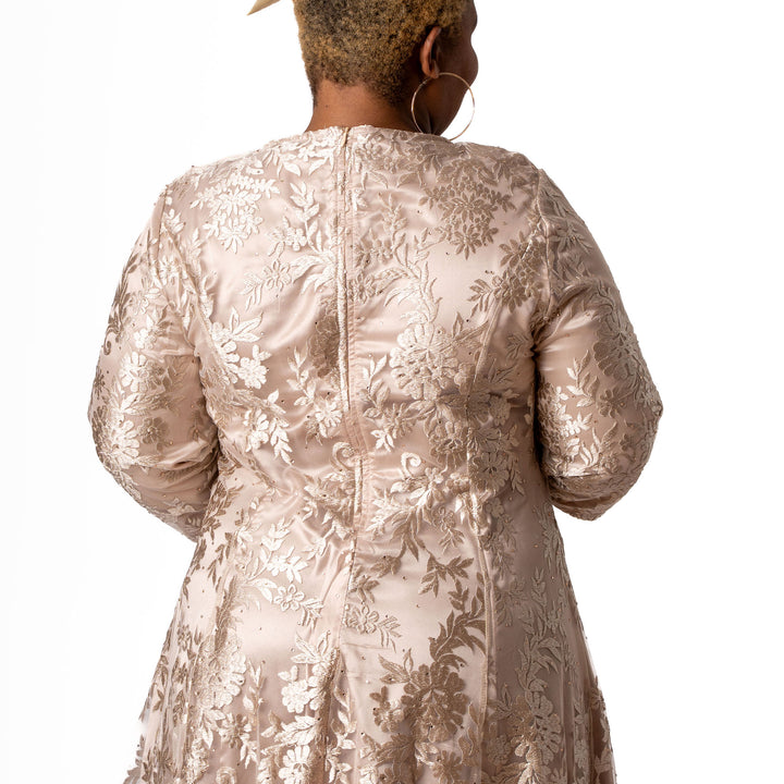 Flared Champagne Lace Ankle Length Dress