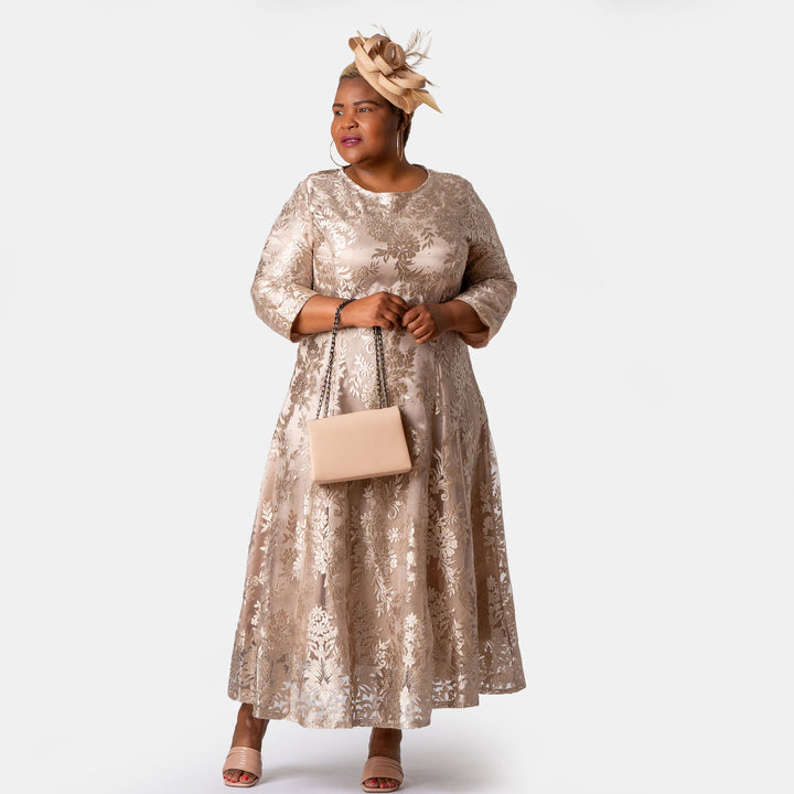 Flared Champagne Lace Ankle Length Dress