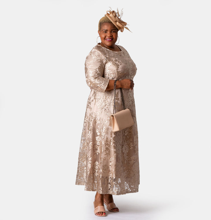 Flared Champagne Lace Ankle Length Dress