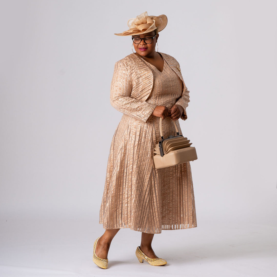 Gold Flared Midi Dress & Bolero Jacket Set