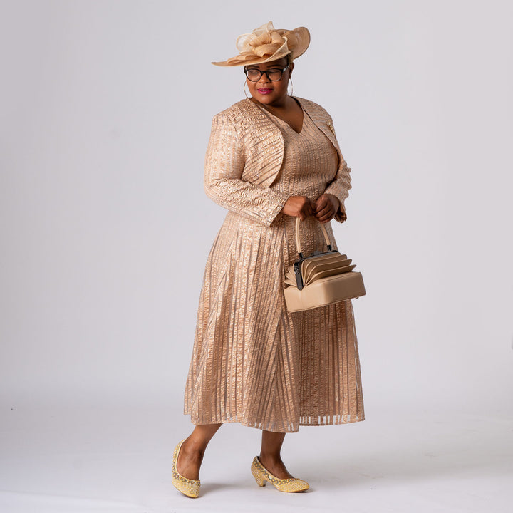 Gold Flared Midi Dress & Bolero Jacket Set