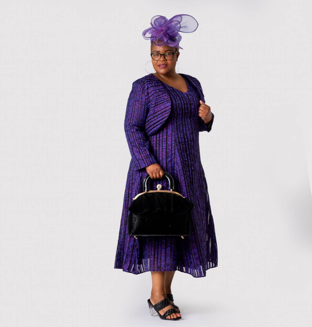 Purple Flared Midi Dress & Bolero Jacket Set