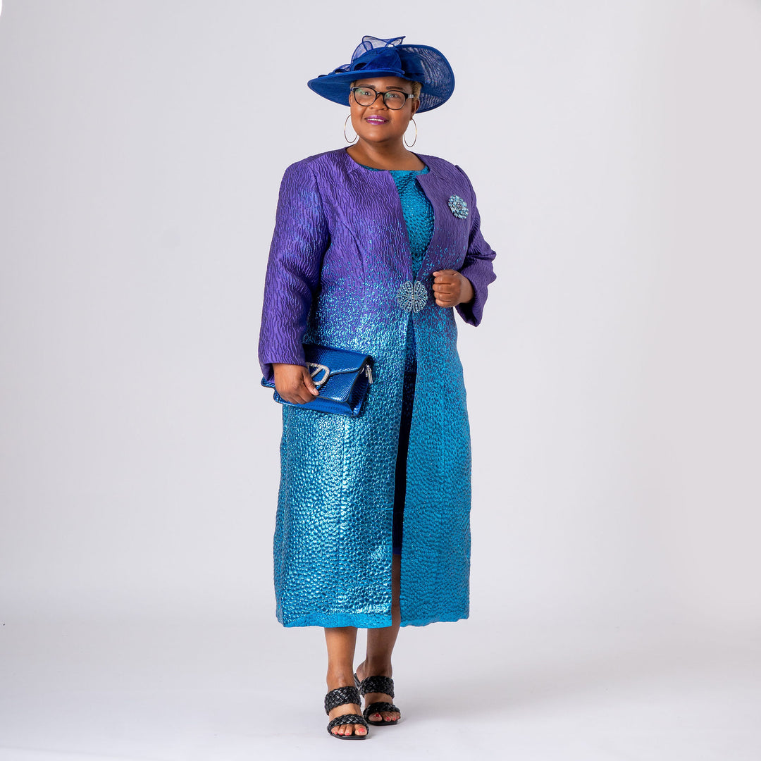 Purple & Blue Two‑Tone Mother‑of‑the‑Bride Dress & Long Jacket Set