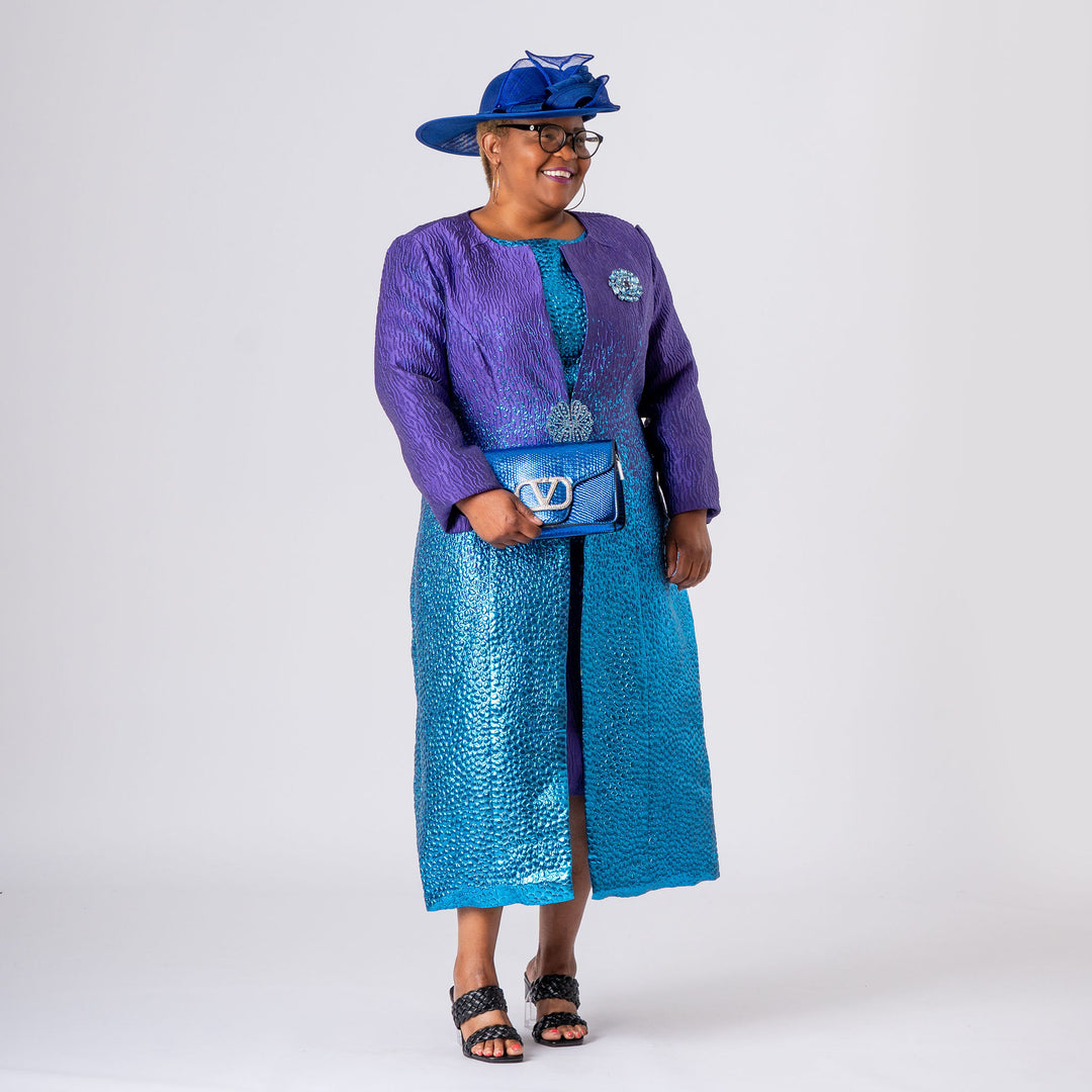 Purple & Blue Two‑Tone Mother‑of‑the‑Bride Dress & Long Jacket Set