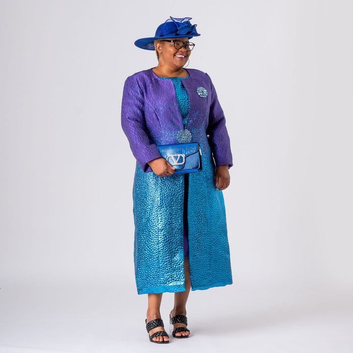 Purple & Blue Two‑Tone Mother‑of‑the‑Bride Dress & Long Jacket Set
