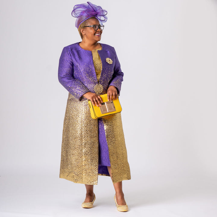 Purple & Gold Two‑Tone Mother‑of‑the‑Bride Dress & Long Jacket Set