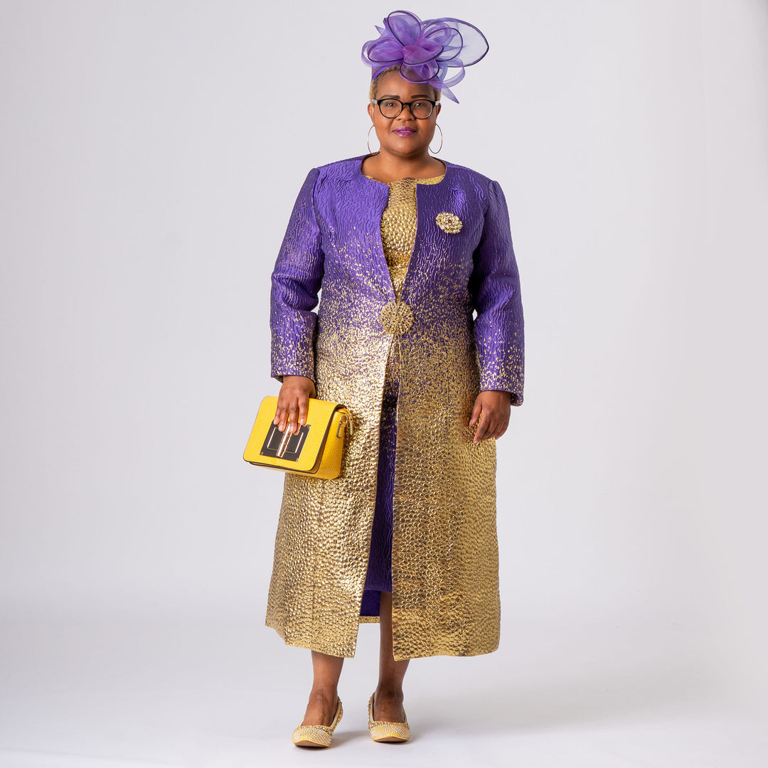 Purple & Gold Two‑Tone Mother‑of‑the‑Bride Dress & Long Jacket Set