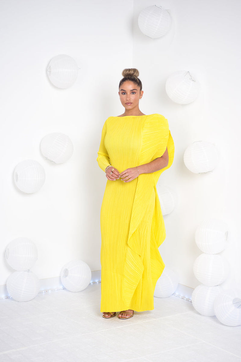 Yellow Maxi Dress with One Sided Ruffle Sleeve