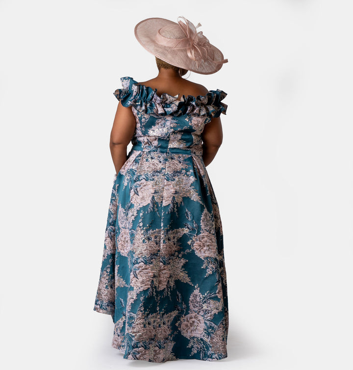 Teal Off-Shoulder Brocade Dress with Ruffle Neckline