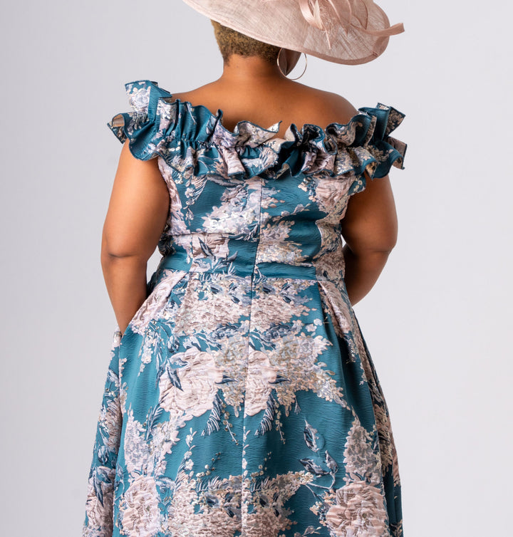 Teal Off-Shoulder Brocade Dress with Ruffle Neckline
