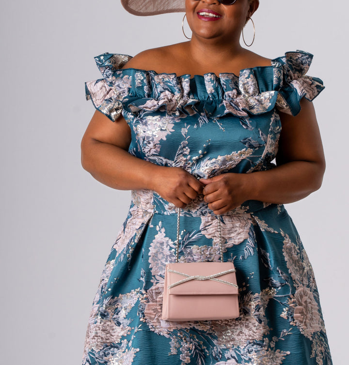 Teal Off-Shoulder Brocade Dress with Ruffle Neckline