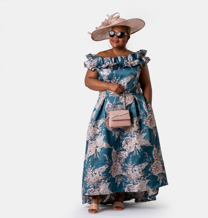 Teal Off-Shoulder Brocade Dress with Ruffle Neckline