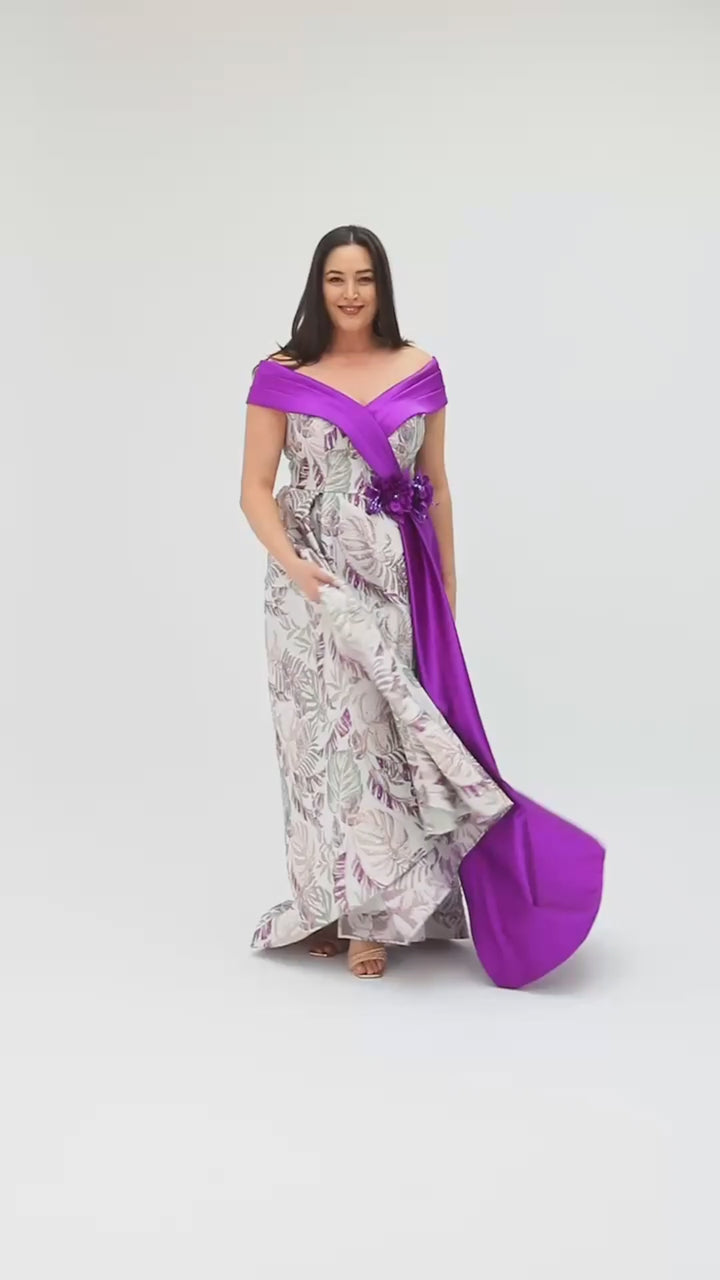 Off Shoulder Fuscia & Jacquard Maxi Dress with Floral Prints