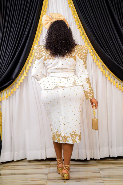 Heavily Jeweled White and Gold Embellished Dress with Jacket and Skirt Set
