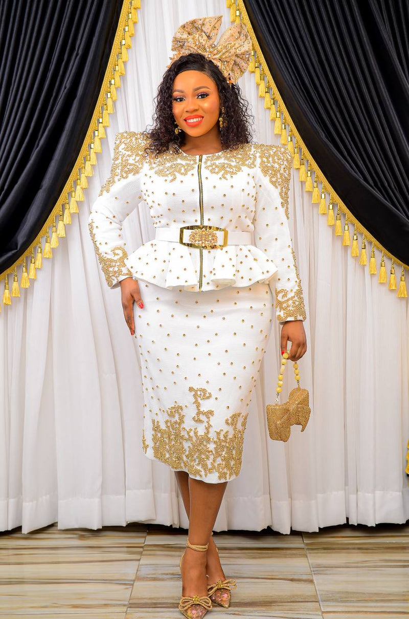 Heavily Jeweled White and Gold Embellished Dress with Jacket and Skirt Set