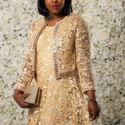 Elegant Gold Lace Dress with Sheer Lace Jacket