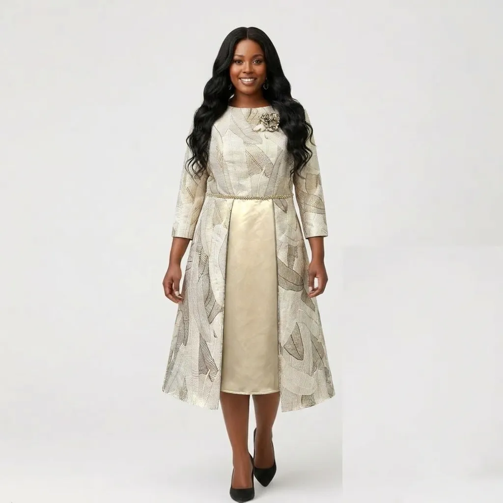 Champagne Midi Dress with Patterned Overskirt & Floral Shoulder Detail