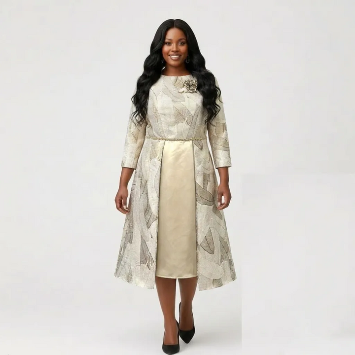 Champagne Midi Dress with Patterned Overskirt & Floral Shoulder Detail