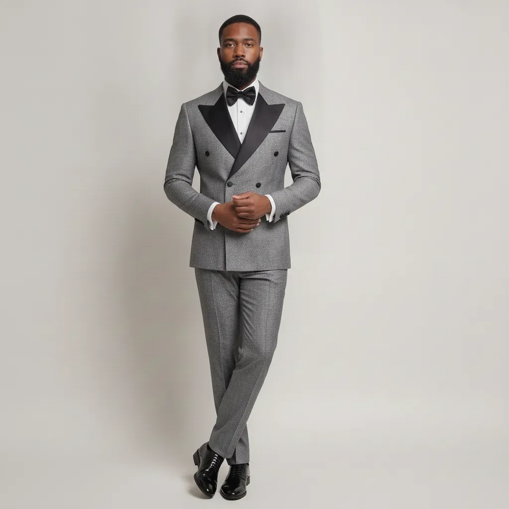 Grey Double‑Breasted Suit with Black Lapels