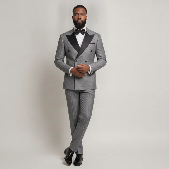 Grey Double‑Breasted Suit with Black Lapels