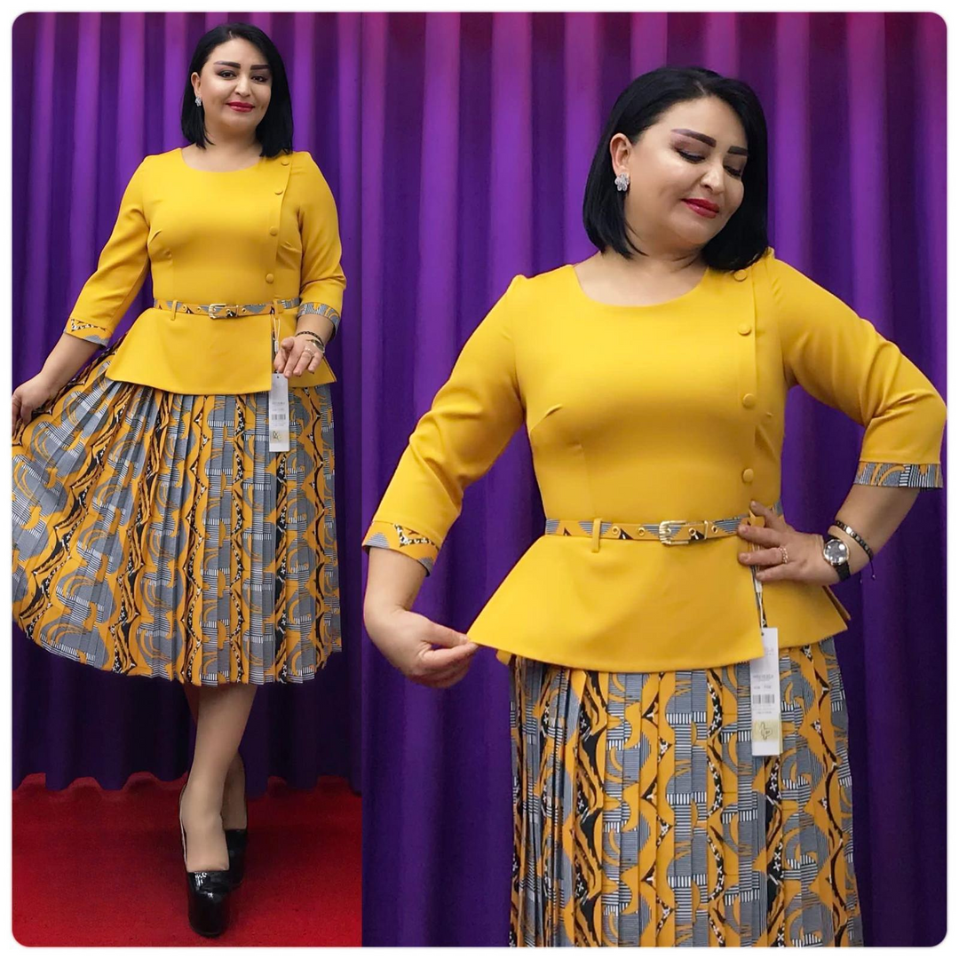 Yellow Pleated Midi Dress with Floral Print