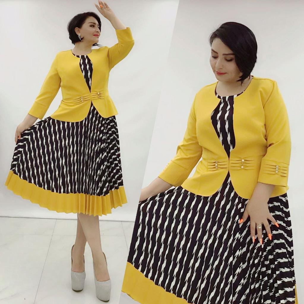 Black & White Pleated Midi Dress with Yellow Jacket