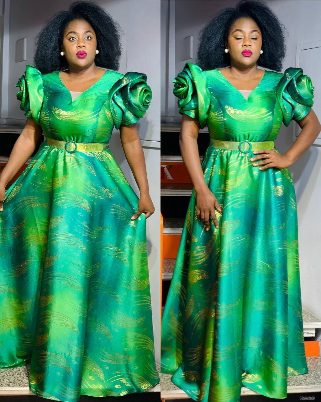 Emerald Green Structured Maxi Dress with Sculpted Rose Sleeves