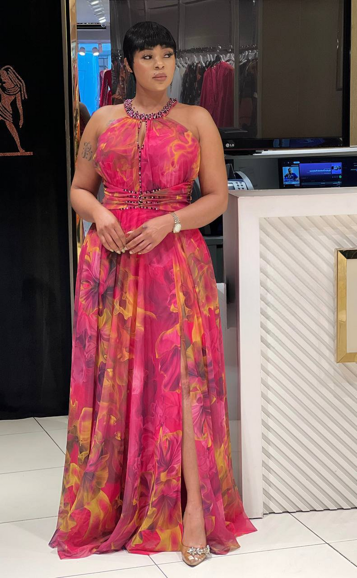 Pink Floral Halter Neck Pleated Maxi Dress w/Crystal Details