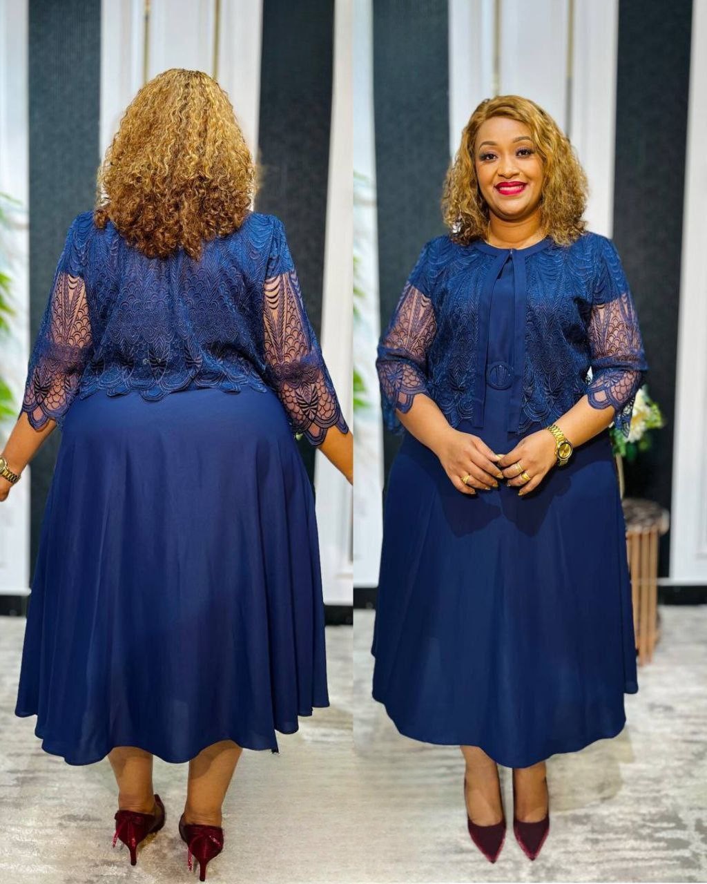 Navy Flared Midi Dress with Lace Jacket