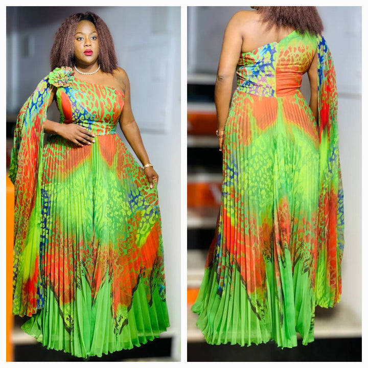 Green Pleated Dress with Draped One-Shoulder Sleeve