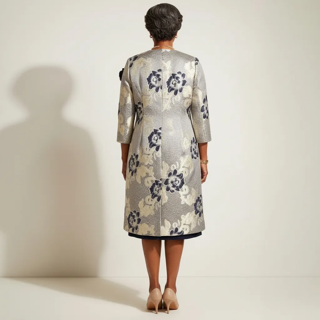 Navy & Gold Brocade Midi Coat‑Dress Set