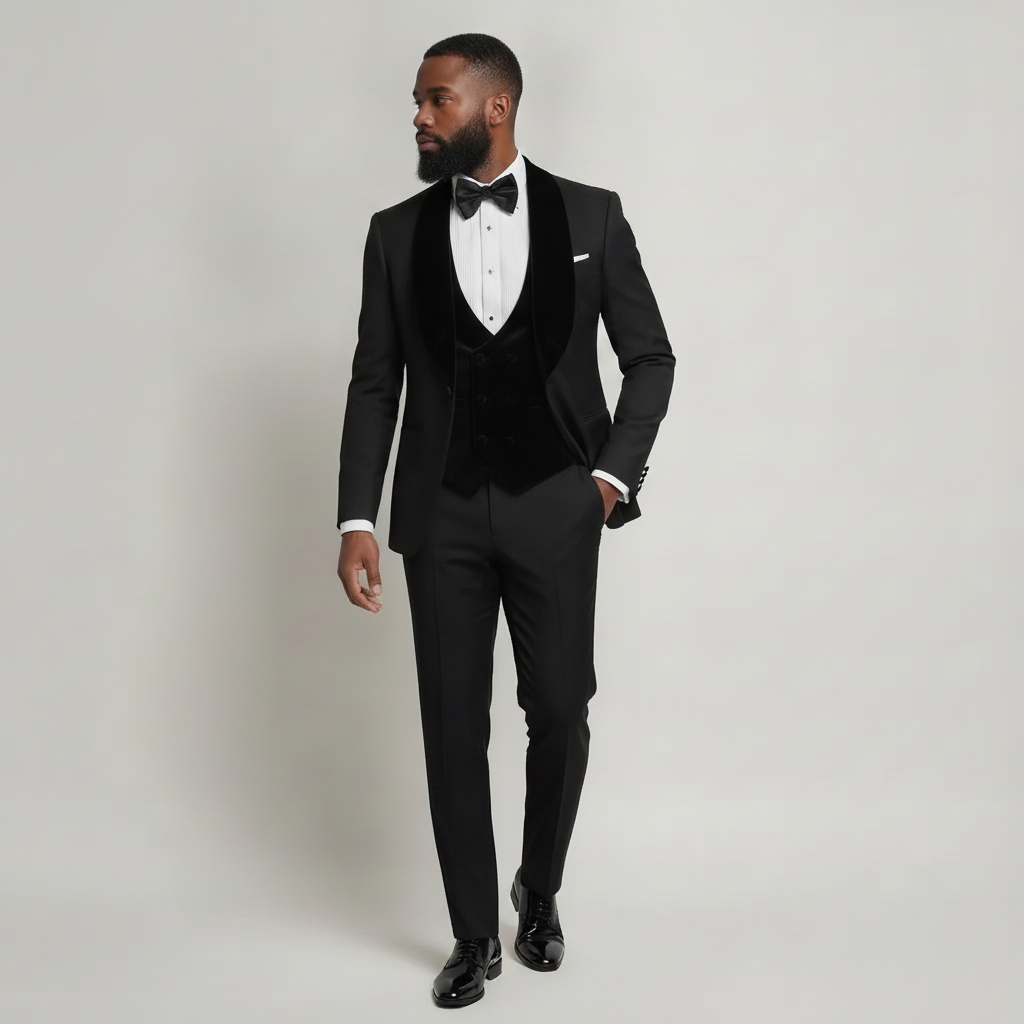 Classic Black Three‑Piece Velvet‑Lapelled Tuxedo