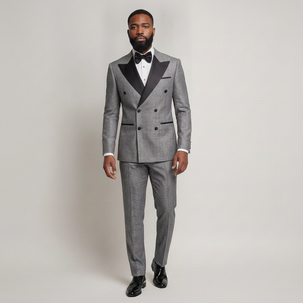 Grey Double‑Breasted Suit with Black Lapels