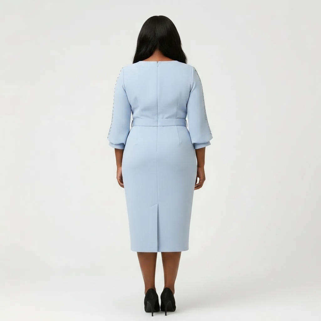 Light Blue Midi Sheath Dress with Embellished Sleeves