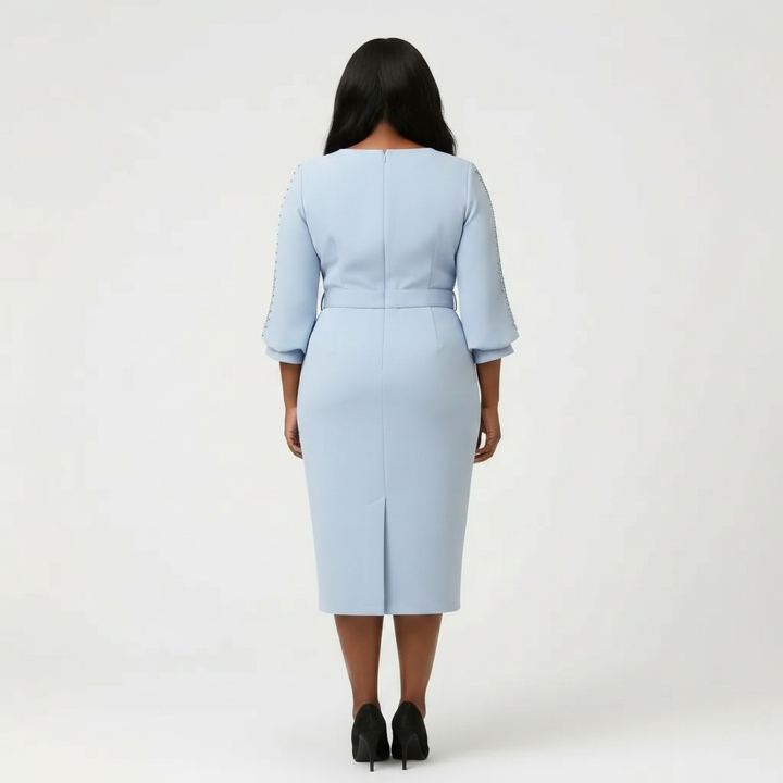 Light Blue Midi Sheath Dress with Embellished Sleeves