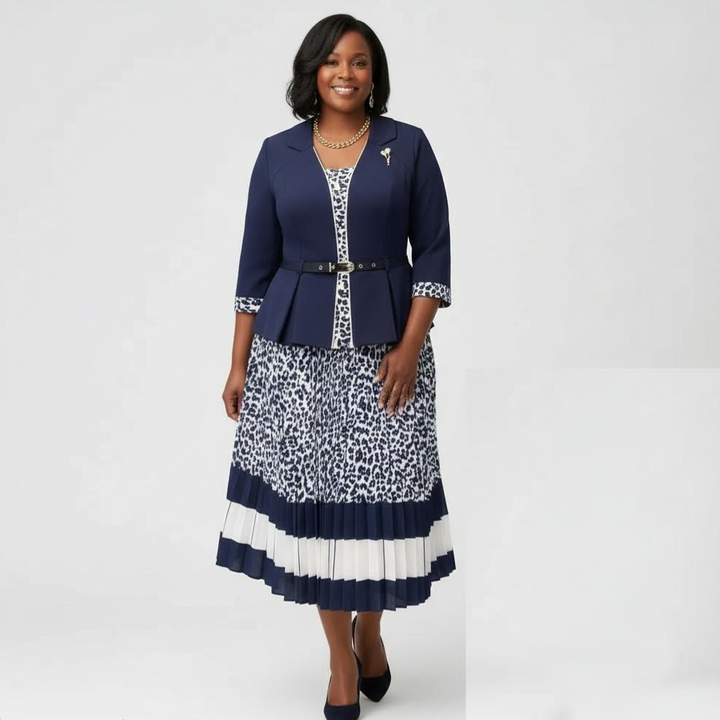 Navy & Leopard Print Pleated One‑Piece Dress