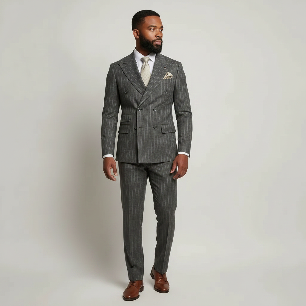Grey Pinstripe Double‑Breasted Suit