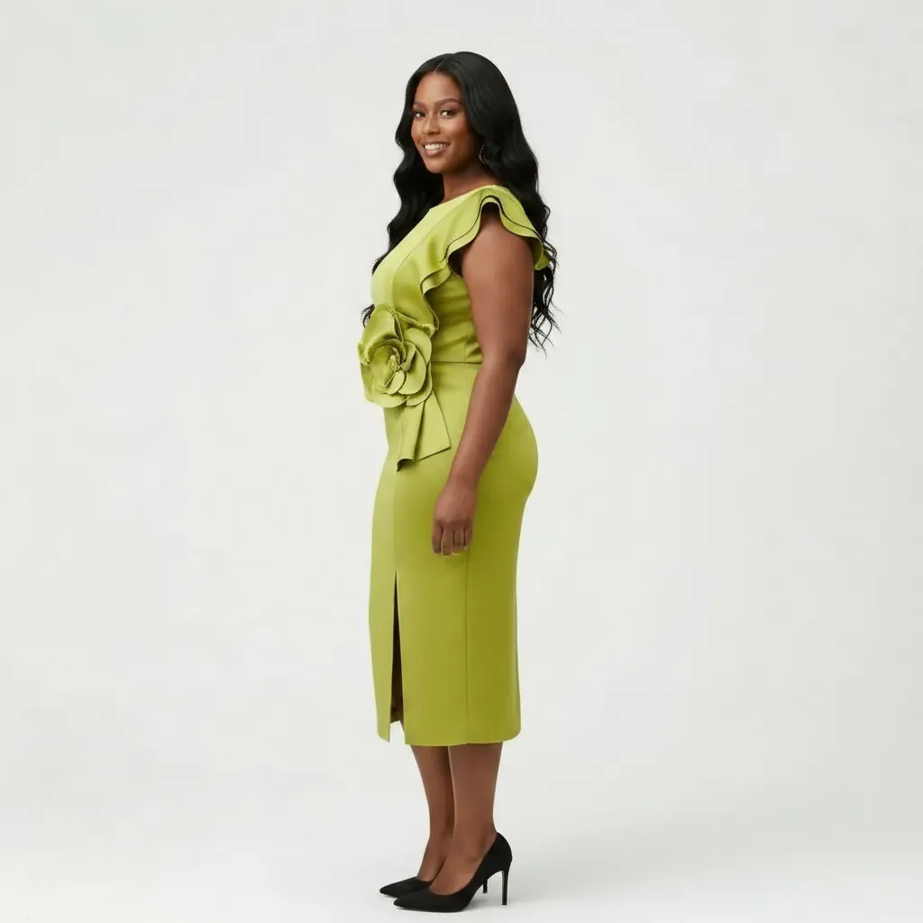 Light Green Midi Sheath Dress with One‑Shoulder Ruffle & Floral Detail