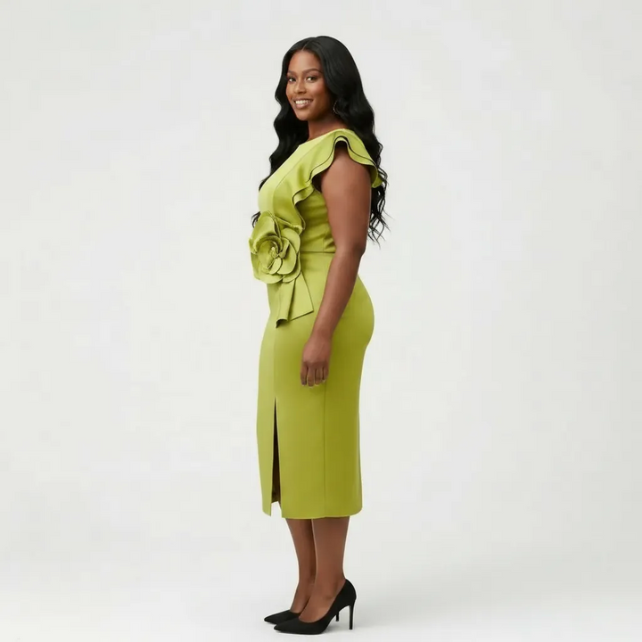 Light Green Midi Sheath Dress with One‑Shoulder Ruffle & Floral Detail