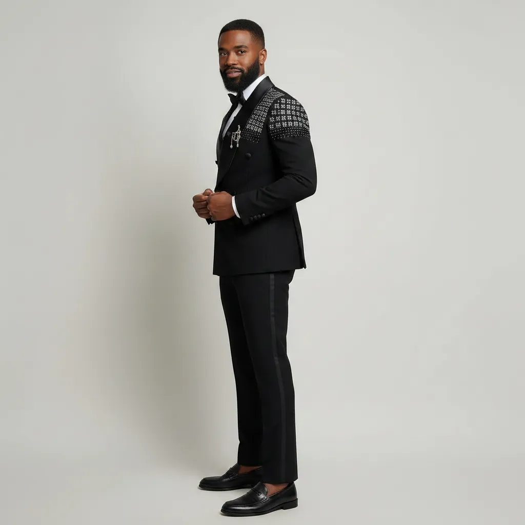 Black Patterned Double‑Breasted Tuxedo | Men’s Eveningwear UK