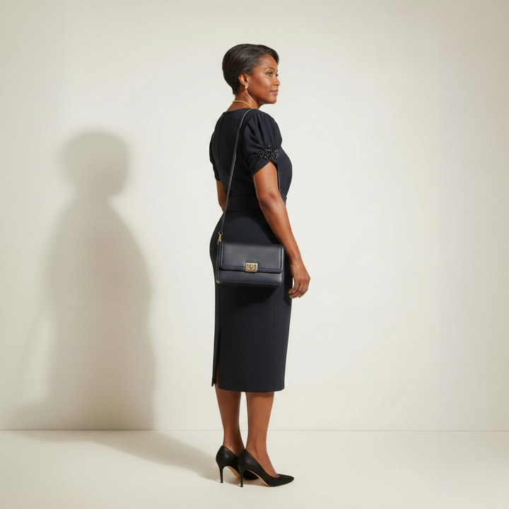 Black Midi Sheath Dress with Puff Sleeves & Draped Waist Detail
