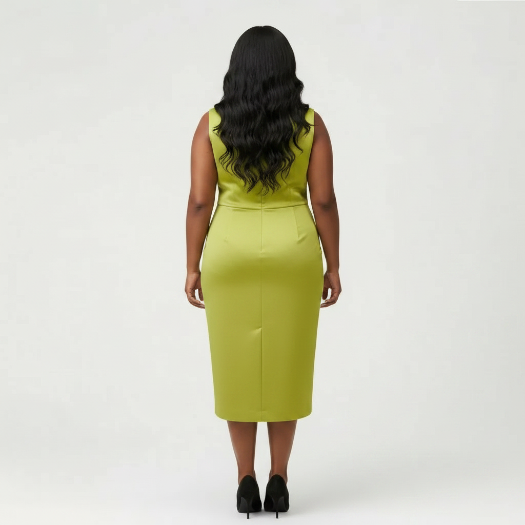 Light Green Midi Sheath Dress with One‑Shoulder Ruffle & Floral Detail