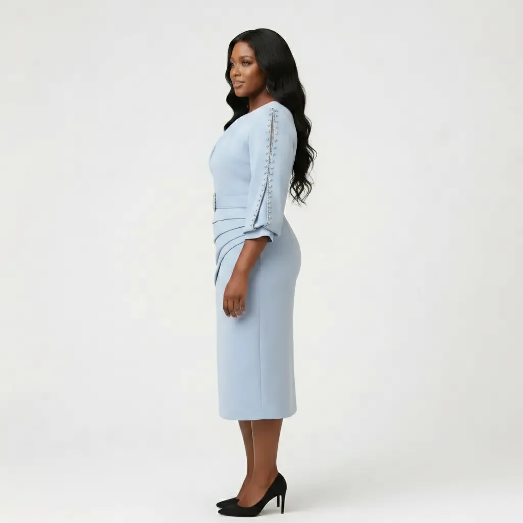 Light Blue Midi Sheath Dress with Embellished Sleeves