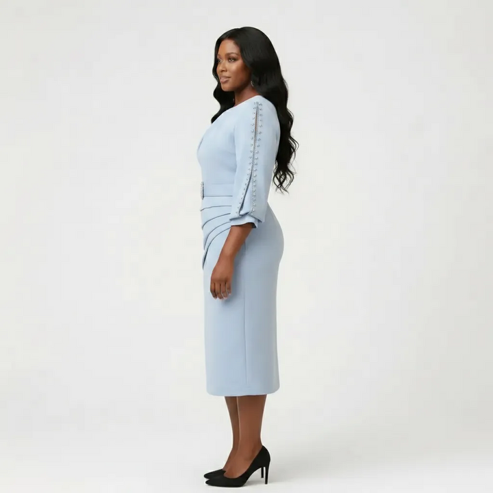 Light Blue Midi Sheath Dress with Embellished Sleeves
