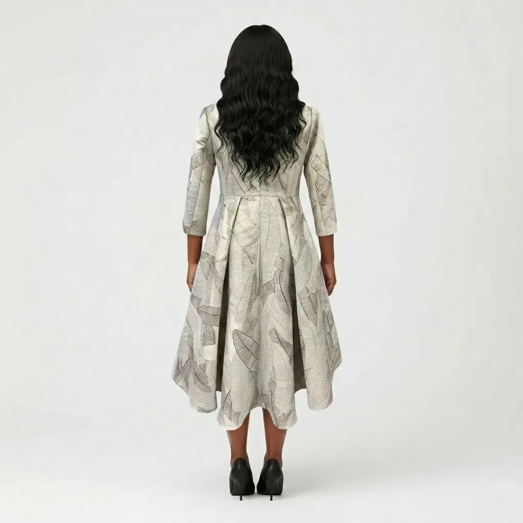 Champagne Midi Dress with Patterned Overskirt & Floral Shoulder Detail