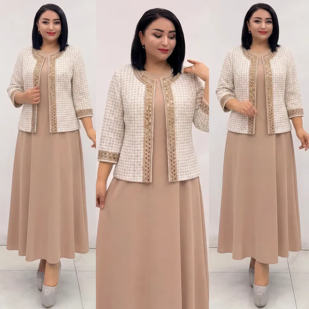 Beige Long Dress &amp; Cream Jacket with Gold Trim
